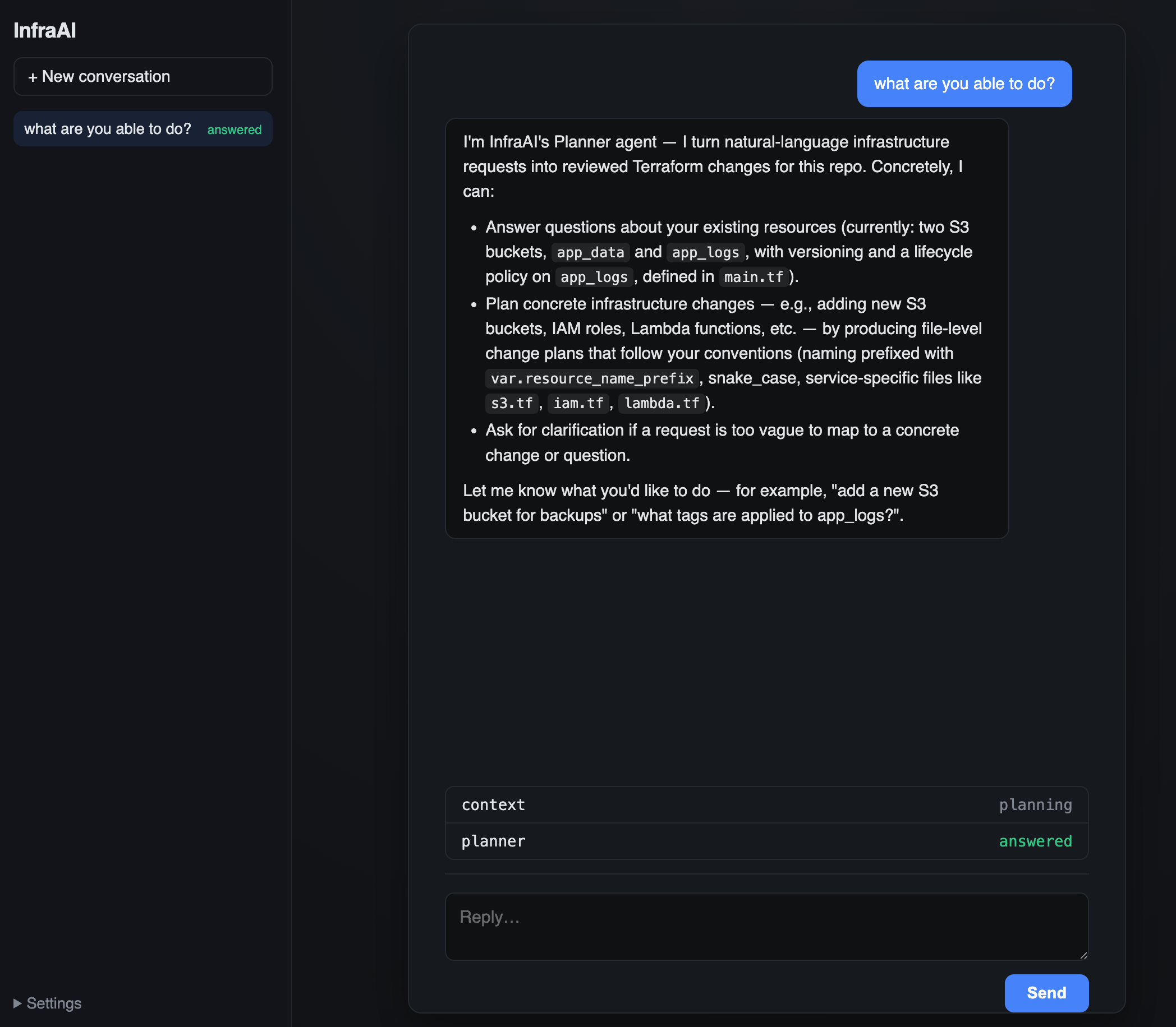 The InfraAi web UI answering a question about existing infrastructure — no PR, no Terraform run