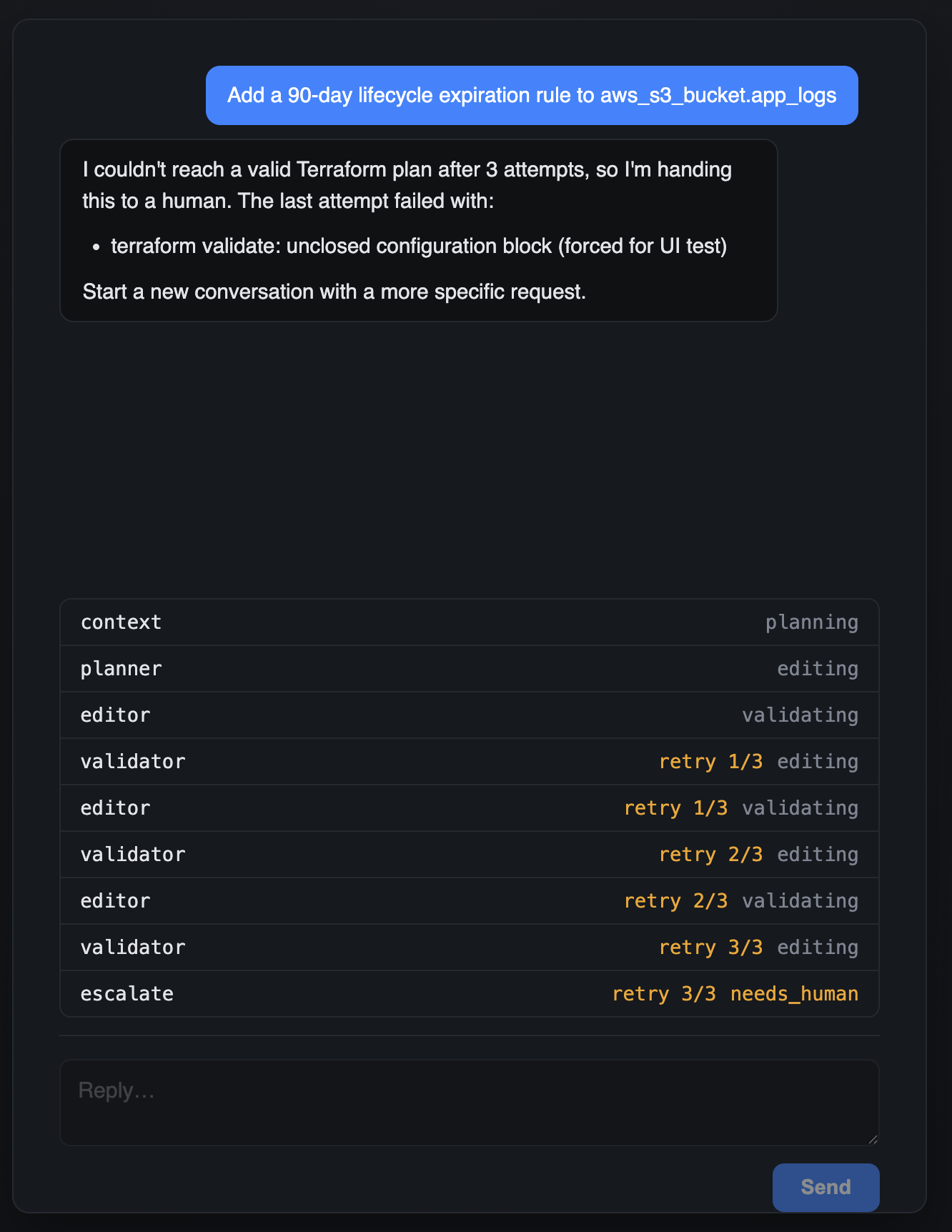 The escalation path in the InfraAi UI — the retry counter climbing to 3/3 in the run log, then the handoff message