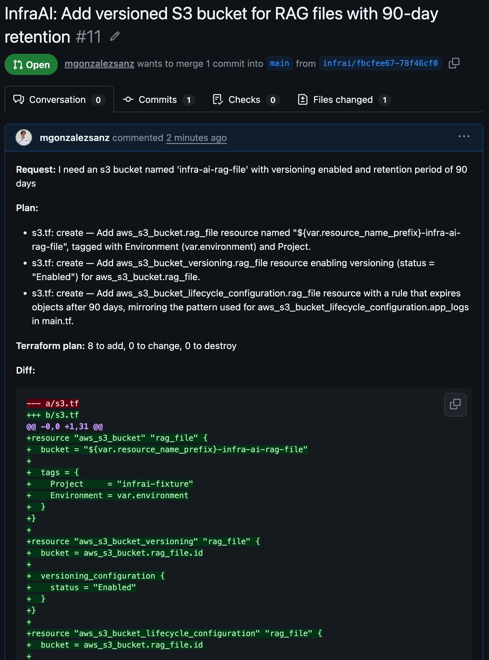A pull request opened by the PR agent — the request, the terraform plan line, the Checkov findings, the cost delta, and the diff